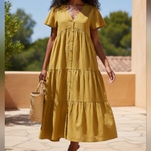 OFFON Women's Mustard Bohemian Prairie Tiered Maxi Dress with Buttons & Pockets